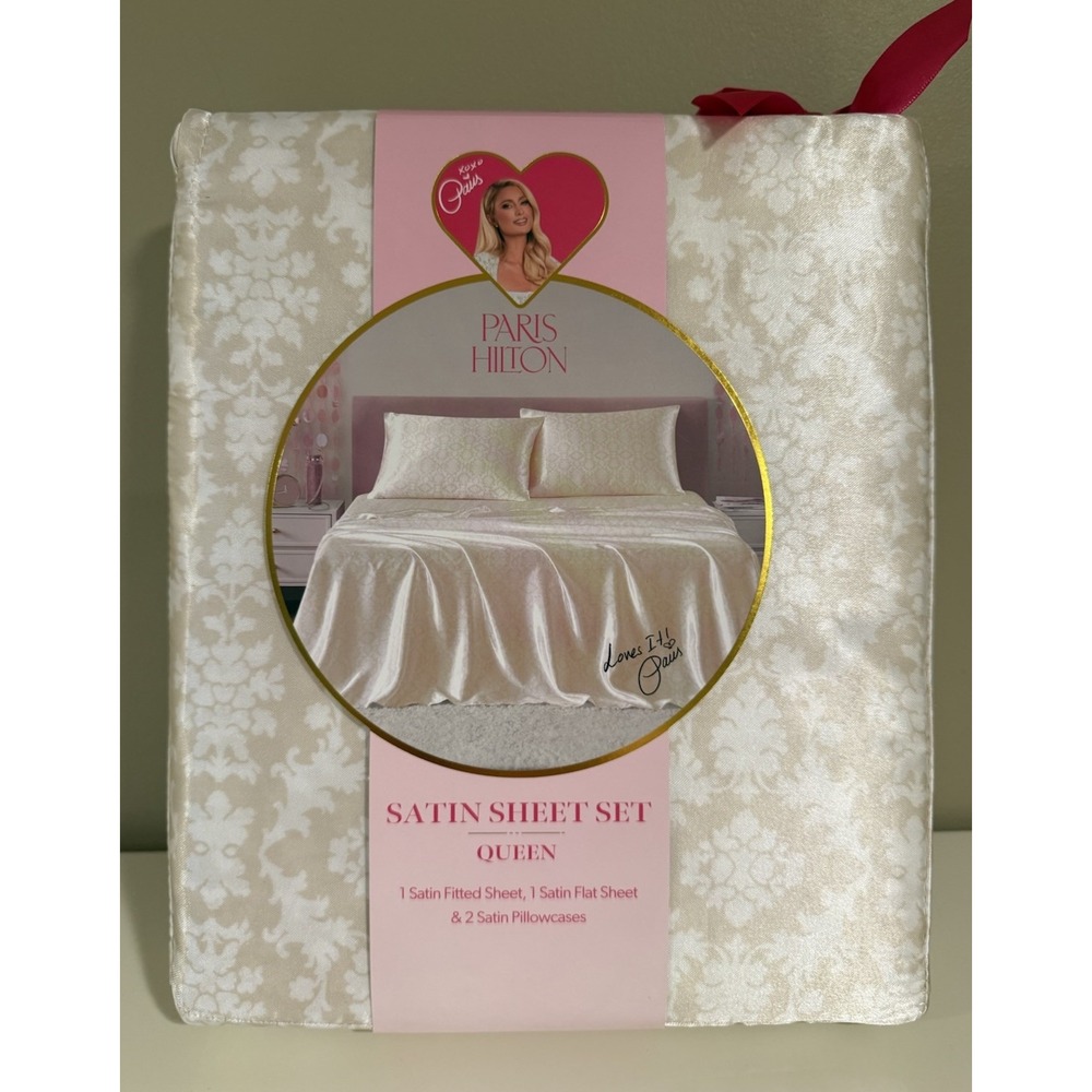 New Paris Hilton Queen Beige & White Damask Satin Sheet Set